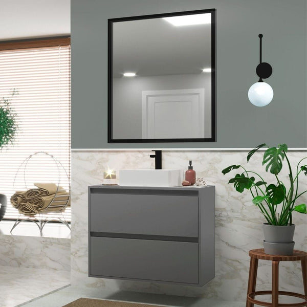 On Móveis Conjuntos de móveis para banheiro 80 Gabinete para Banheiro com Cuba e Espelheira 80cm Mdf Grafite e Alumínio Preto Dubai - On Móveis