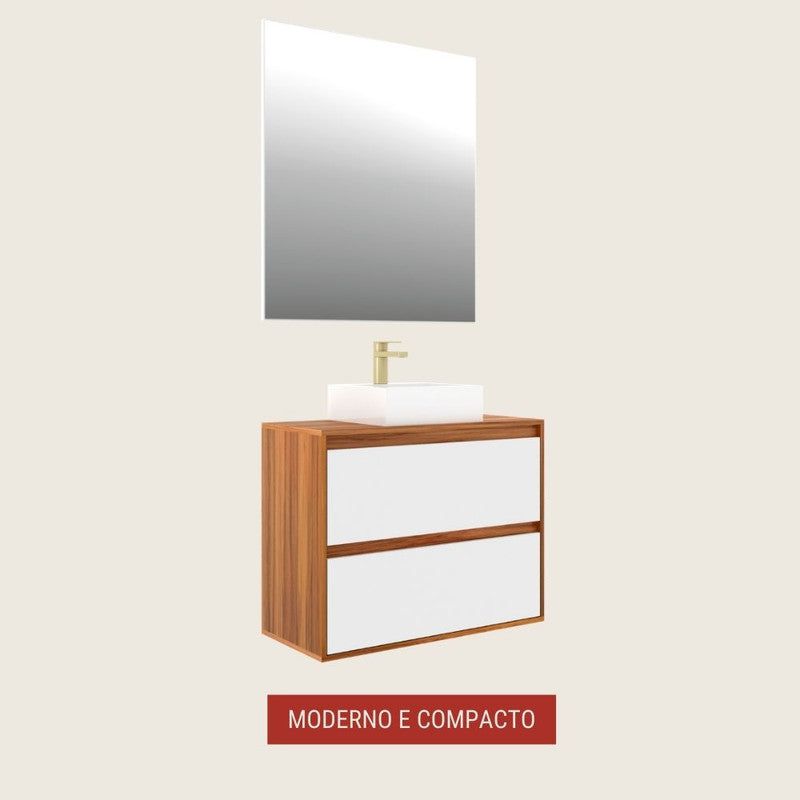 On Móveis Conjuntos de móveis para banheiro 80 Gabinete para Banheiro com Cuba e Espelheira 80cm Mdf Nogal com Branco Dubai - On Móveis