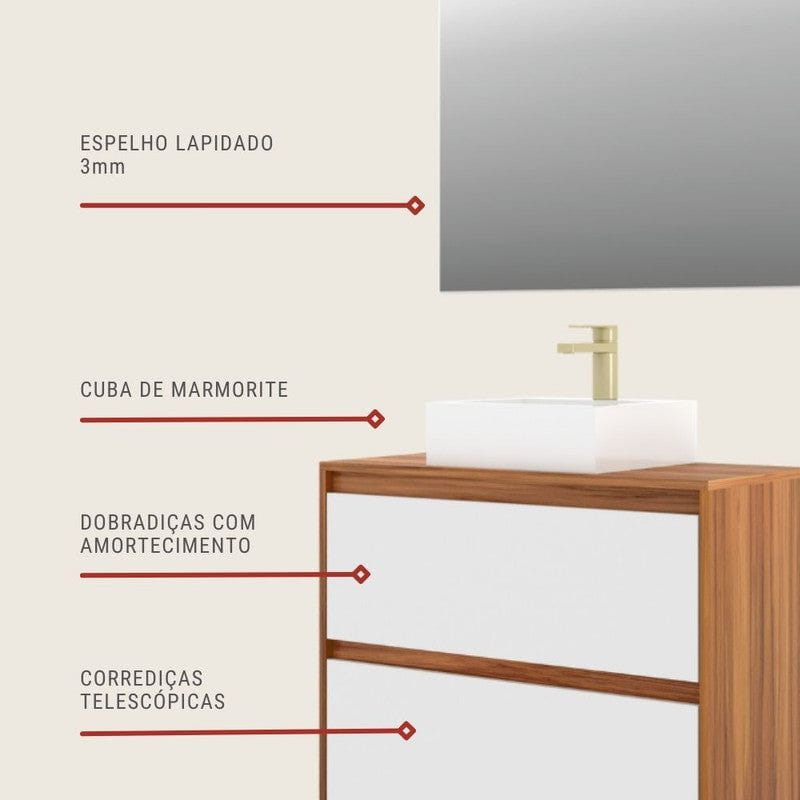 On Móveis Conjuntos de móveis para banheiro 80 Gabinete para Banheiro com Cuba e Espelheira 80cm Mdf Nogal com Branco Dubai - On Móveis