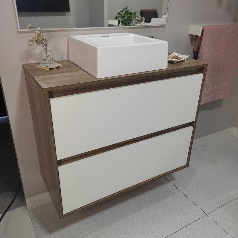 On Móveis Conjuntos de móveis para banheiro 80 Gabinete para Banheiro com Cuba e Espelheira 80cm Mdf Nogal com Branco Dubai - On Móveis