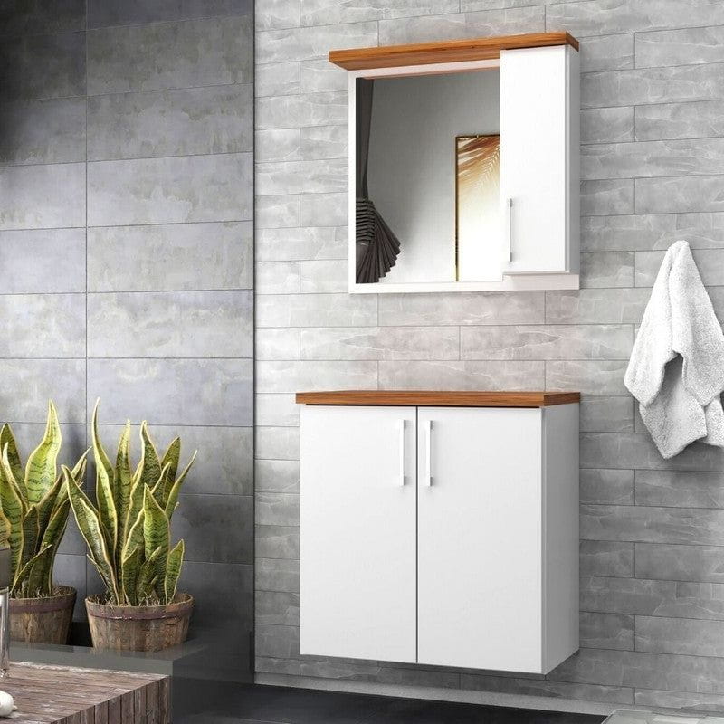 On Móveis Conjuntos de móveis para banheiro 60 Gabinete para Banheiro com Espelheira 60cm Mdf Nogal com Branco Paris - On Móveis