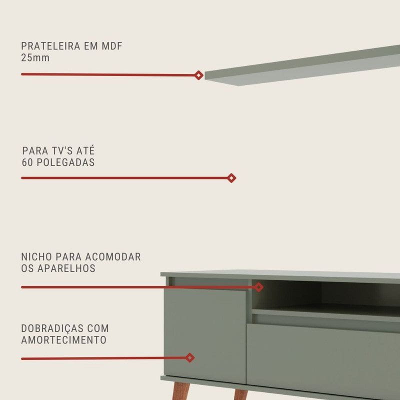 On Móveis Conjuntos de móveis para sala de estar 150 Rack para TV com Prateleira 150cm Retro Mdf Verde Dallas - On Móveis