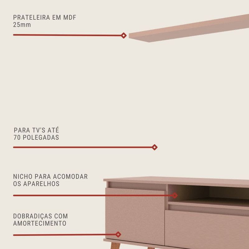 On Móveis Conjuntos de móveis para sala de estar 180 Rack para TV com Prateleira 180cm Retro Mdf Salmão Dallas - On Móveis