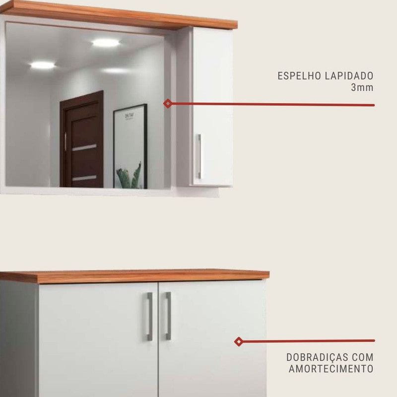 On Móveis Gabinete para Banheiro com Espelheira 80cm Mdf Nogal com Branco Paris - On Móveis